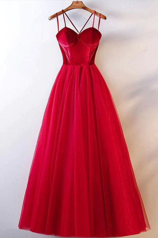 Elegant Spaghetti Straps Tulle Lace up Red Sweetheart Prom Dresses Long Formal Dresses