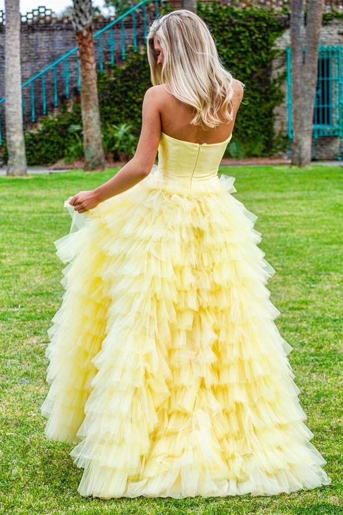 Elegant Strapless Floor Length Yellow Prom Dresses Ball Gown Quinceanera Dresses