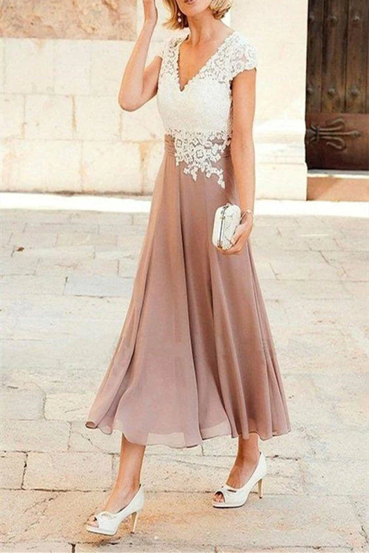 V Neck Lace & Chiffon Cap Sleeve Mother of the Bride Dress