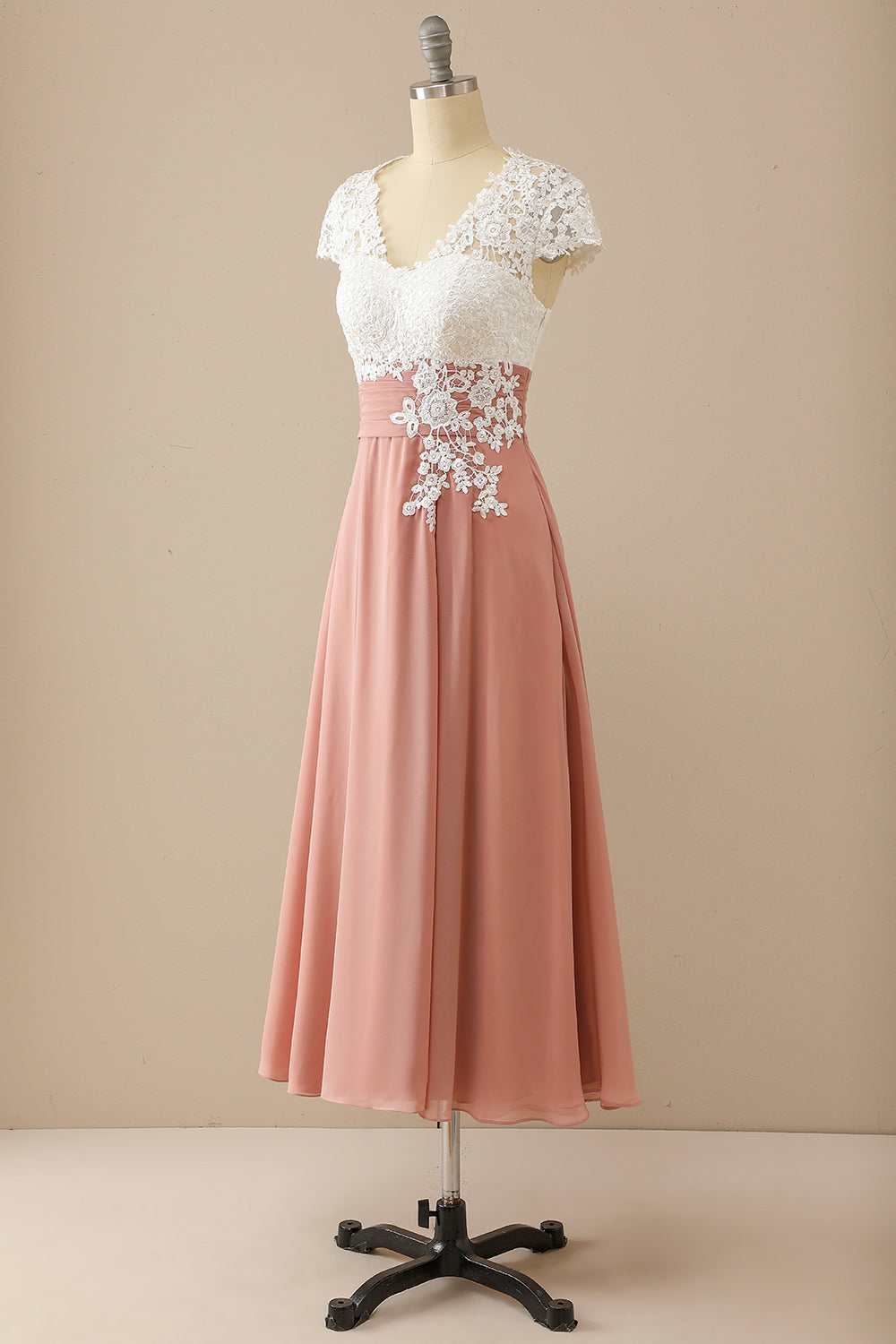 V Neck Lace & Chiffon Cap Sleeve Mother of the Bride Dress