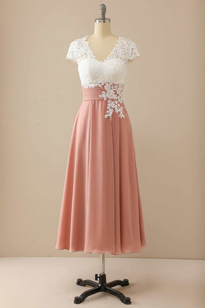 V Neck Lace & Chiffon Cap Sleeve Mother of the Bride Dress