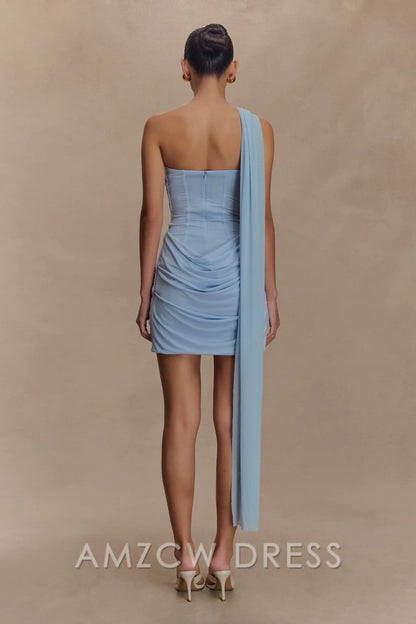 Amzcw Elegant Slinky And Mesh Mini Dress With Scarf formal wear dresses - Powder Blue
