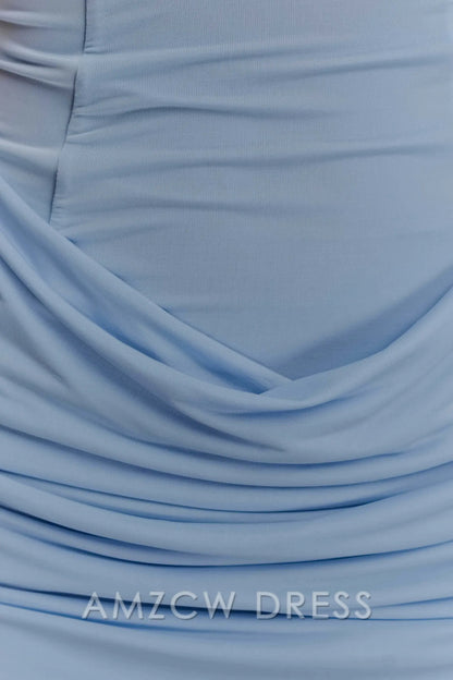 Amzcw Elegant Slinky And Mesh Mini Dress With Scarf formal wear dresses - Powder Blue