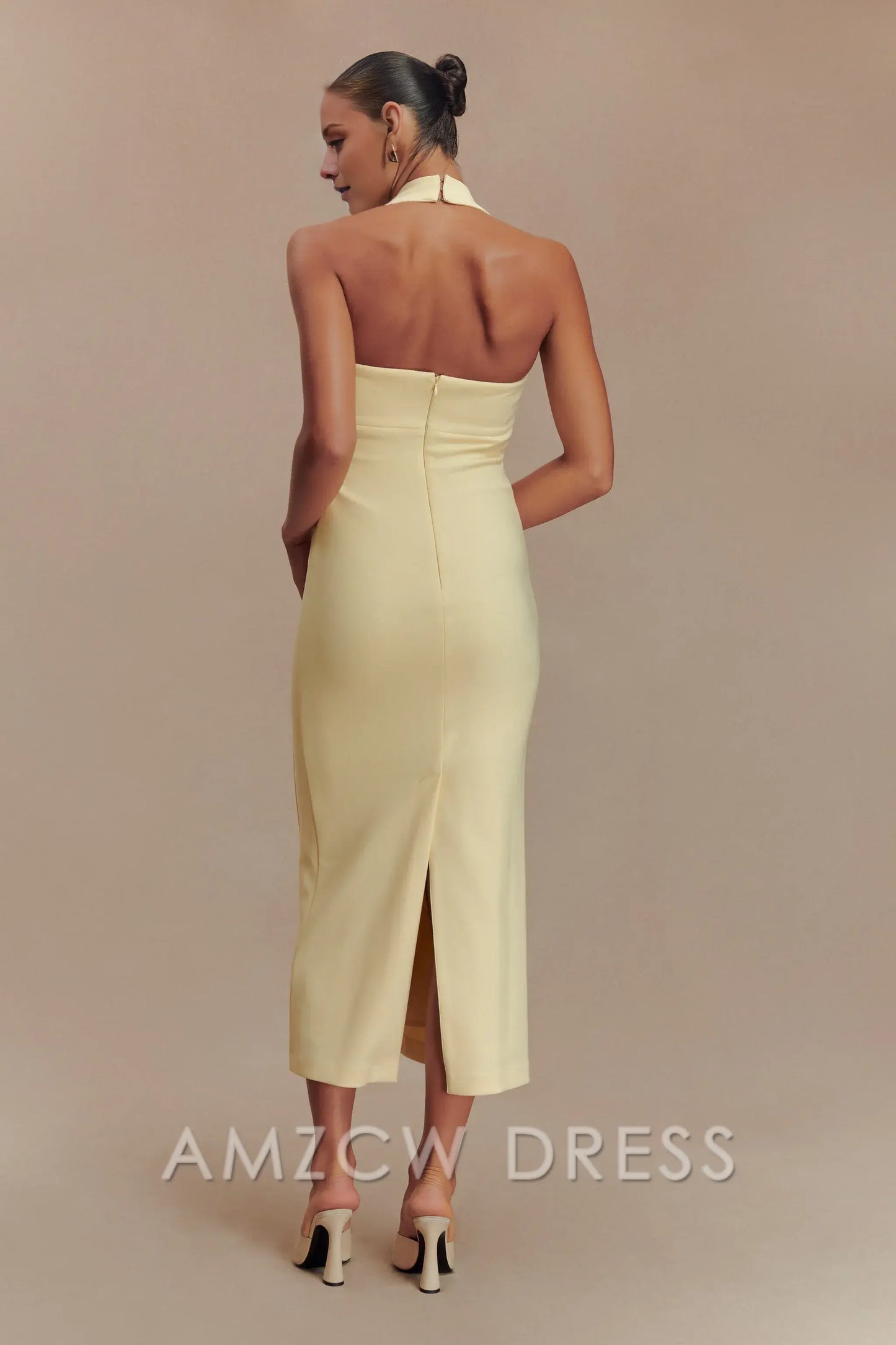 Amzcw Elegant Suiting Halter Midi Dress formal wear dresses - Pale Lemon