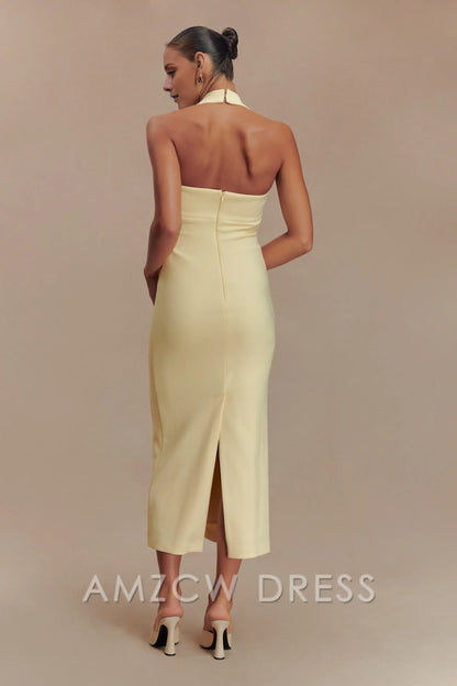 Amzcw Elegant Suiting Halter Midi Dress formal wear dresses - Pale Lemon