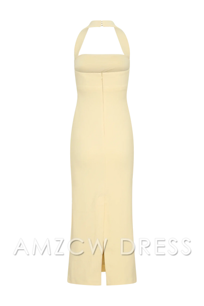 Amzcw Elegant Suiting Halter Midi Dress formal wear dresses - Pale Lemon