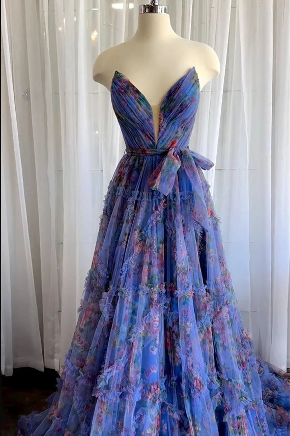 A-Line V-Neck Sweep Train Multi Color Printed Flower Sleeveless Prom Dresses