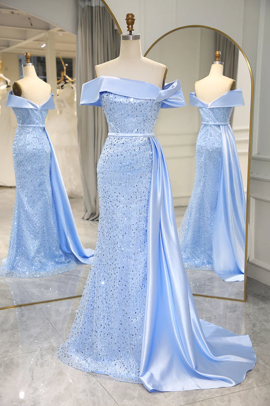 Amzcw Sparkly Light Blue Long Sequin Strapless Prom Dress With Slit prom dresses with long sleeves