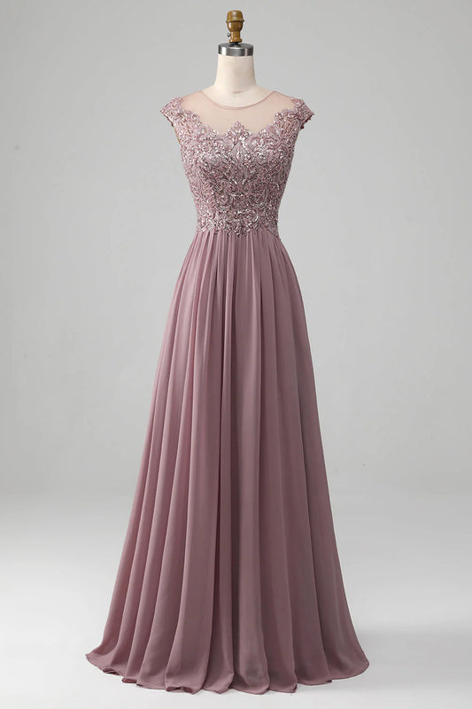 Amzcw Blush A-Line Round Neck Pleated Sparkly Sequin Prom Dress With Beading prom clothing