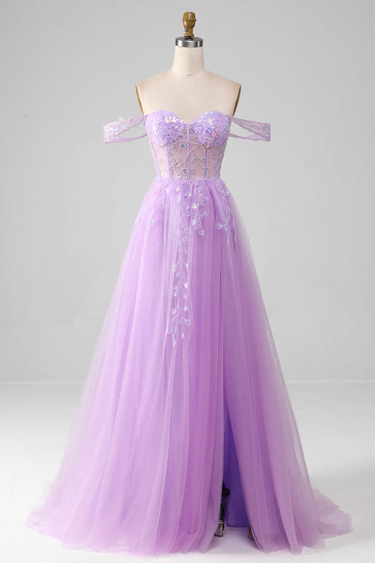 Amzcw Lavender A Line Off the Shoulder Sequin Tulle Prom Dress with Slit prom clothing