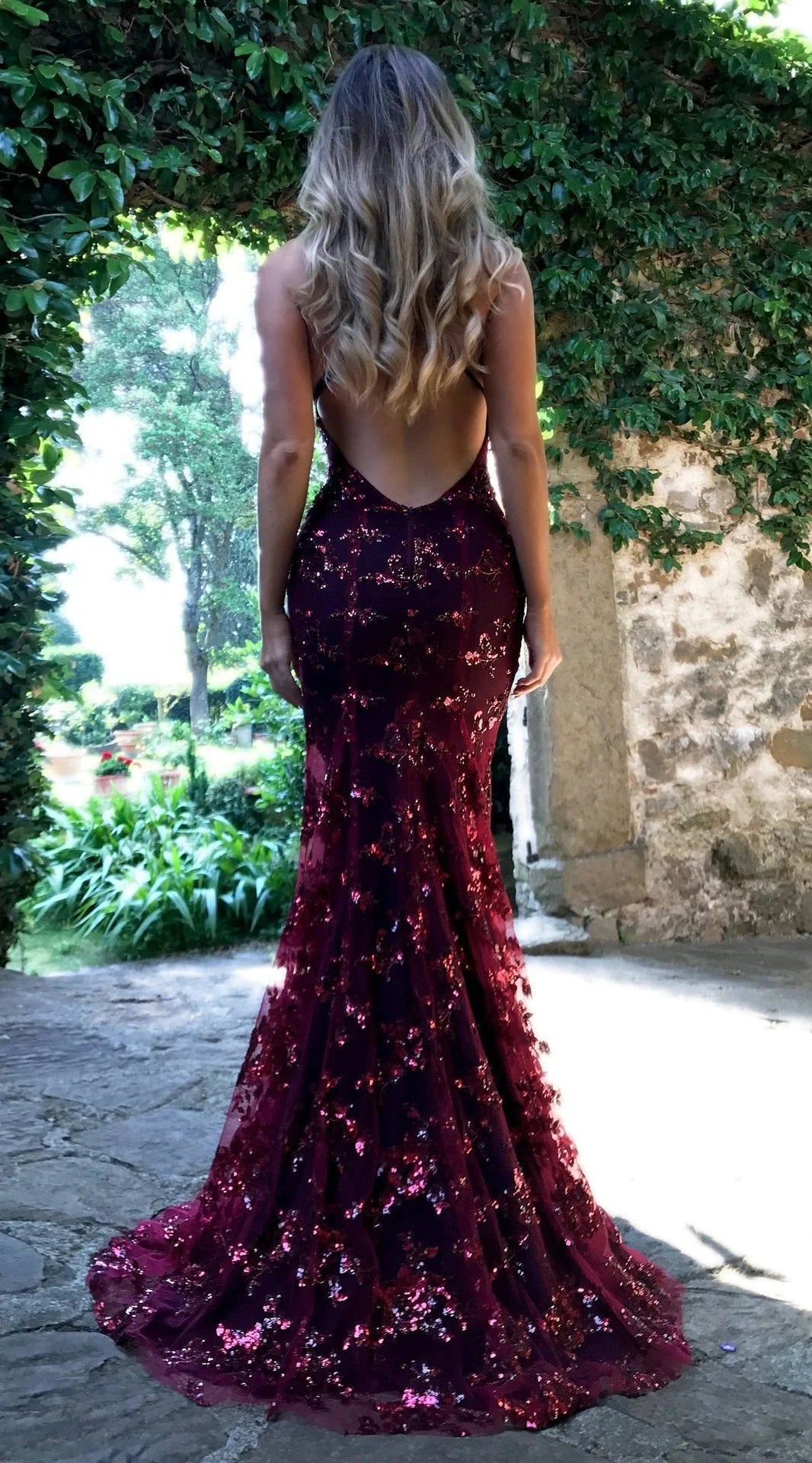 Fashion Spaghetti Straps Burgundy Sequin Mermaid Backless Deep V Neck Prom Dresses