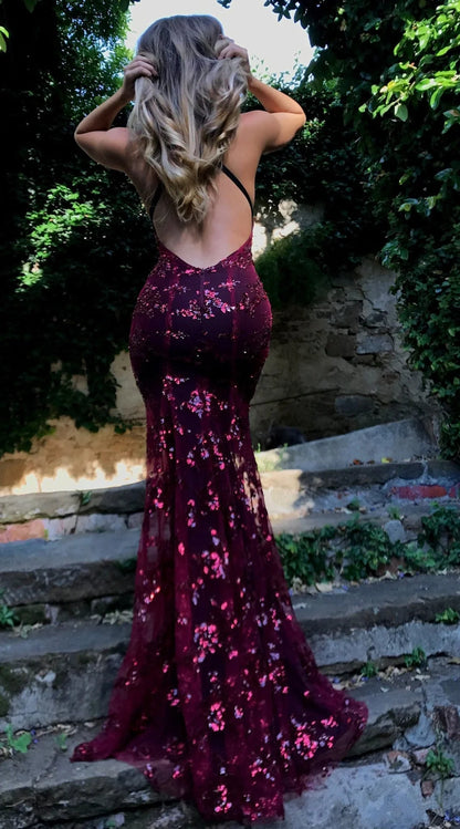 Fashion Spaghetti Straps Burgundy Sequin Mermaid Backless Deep V Neck Prom Dresses