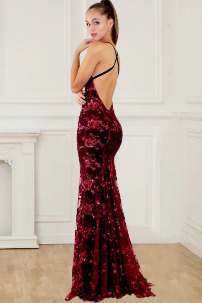 Fashion Spaghetti Straps Burgundy Sequin Mermaid Backless Deep V Neck Prom Dresses