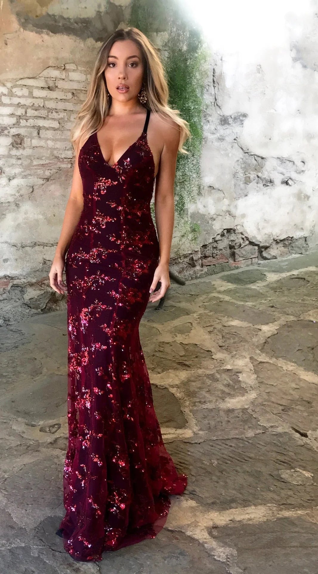 Fashion Spaghetti Straps Burgundy Sequin Mermaid Backless Deep V Neck Prom Dresses