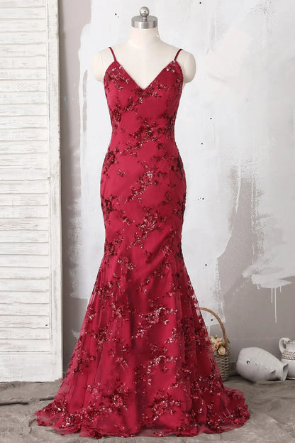 Fashion Spaghetti Straps Burgundy Sequin Mermaid Backless Deep V Neck Prom Dresses