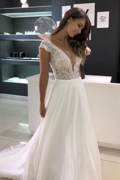 V Neck Chiffon Modest Wedding Dresses