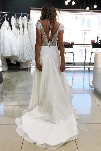 V Neck Chiffon Modest Wedding Dresses