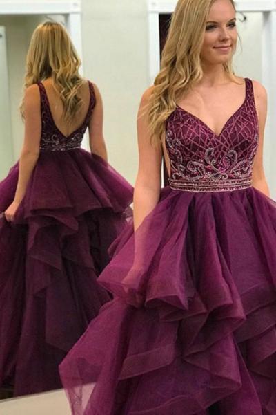 Formal Ball Gown Long V-Neck Open Back Princess Prom Dresses Quinceanera Dresses