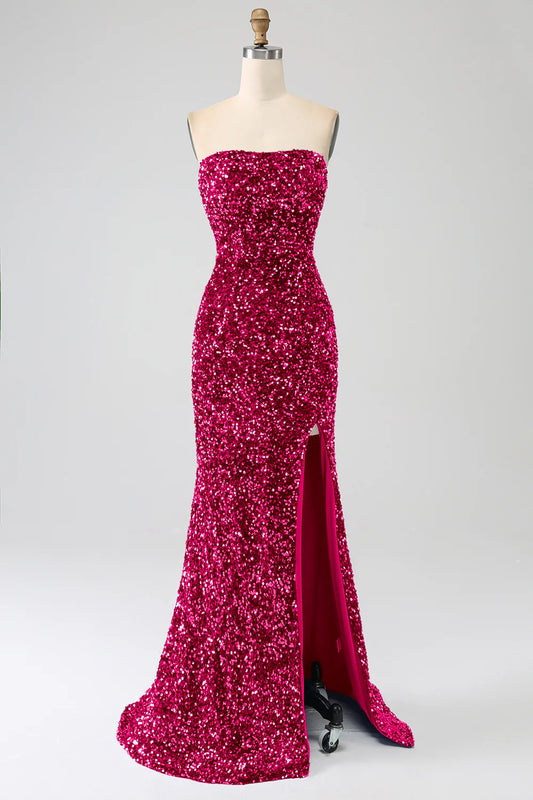 Amzcw Fuchsia Mermaid Strapless Sequins Long Prom Dress With Slit prom dresses shops