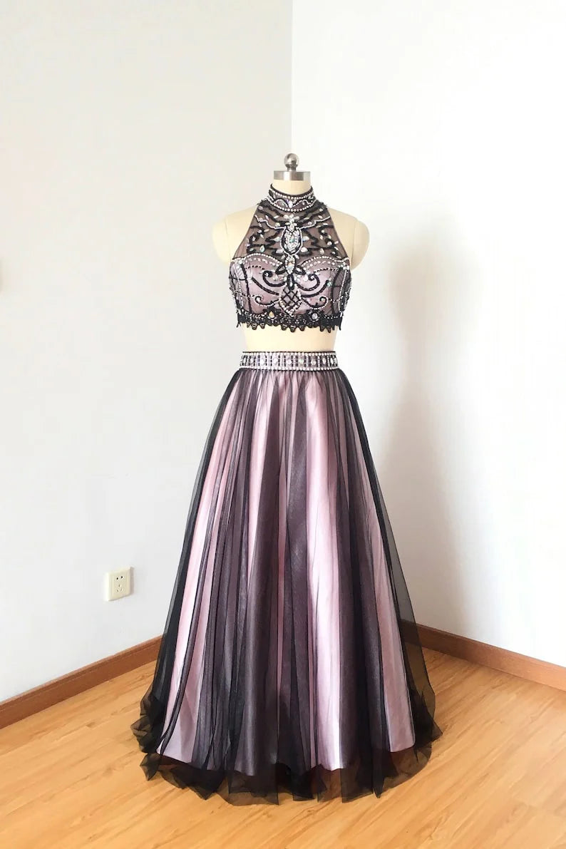 Full Length Sexy Tulle Beads Sleeveless A line Coffee Tulle Two Piece Prom Dresses