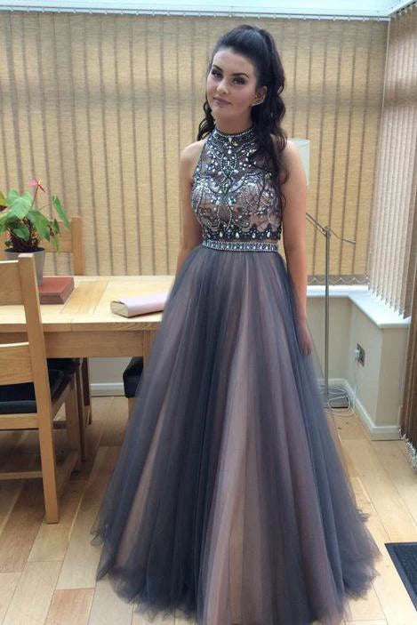 Full Length Sexy Tulle Beads Sleeveless A line Coffee Tulle Two Piece Prom Dresses