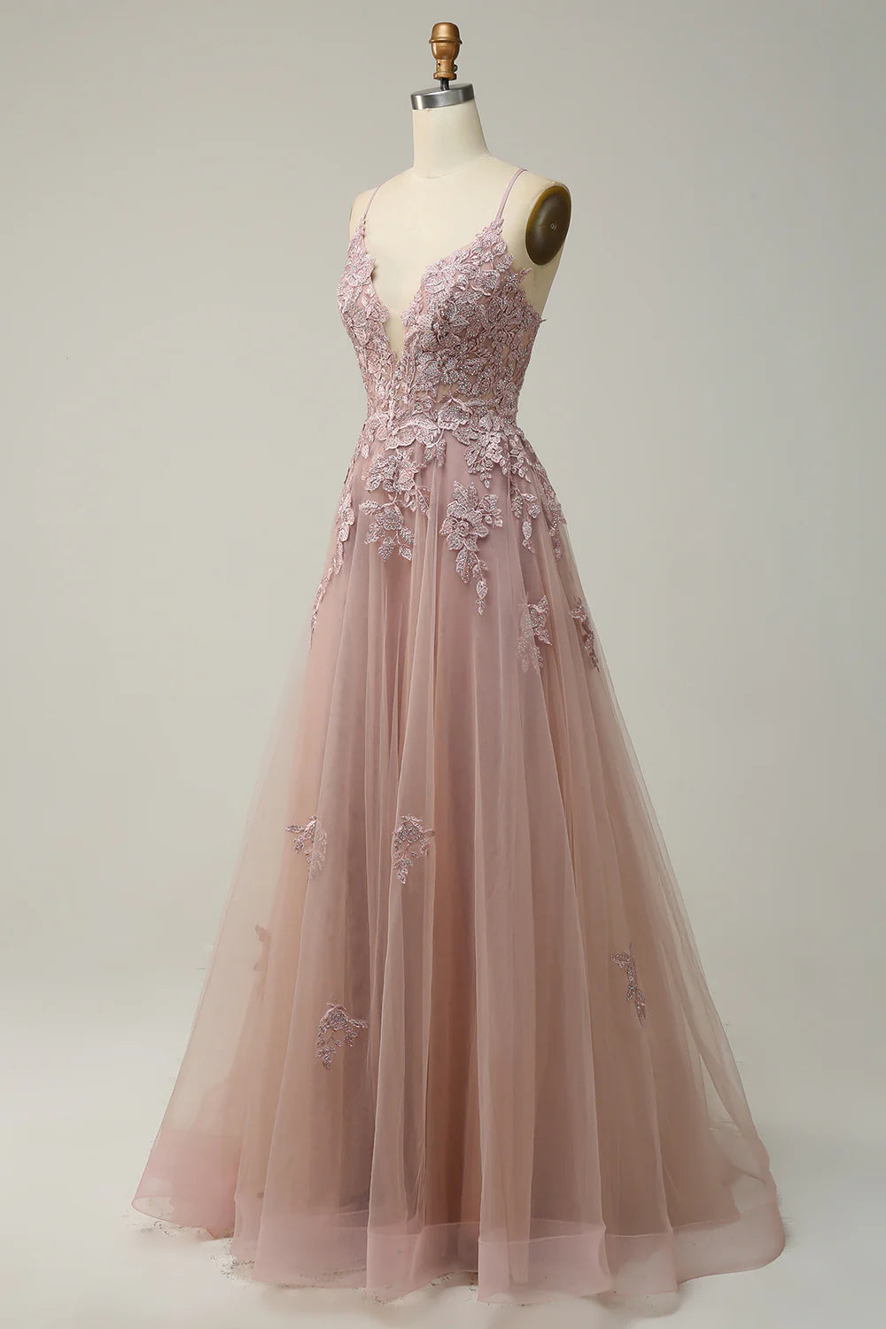 A Line Spaghetti Straps Blush Long Prom Dress with Appliques