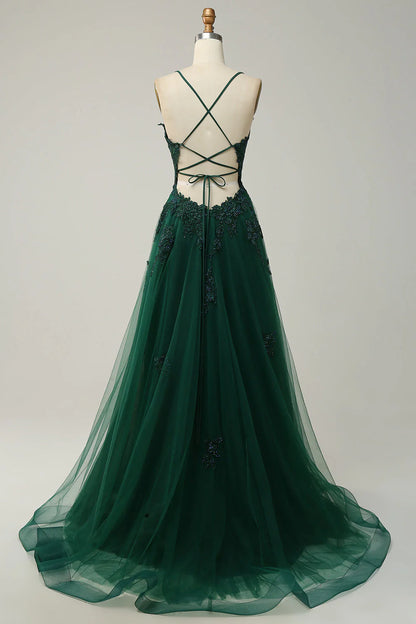 Amzcw A Line Spaghetti Straps Long Dark Green Prom Dress with Criss Cross Back