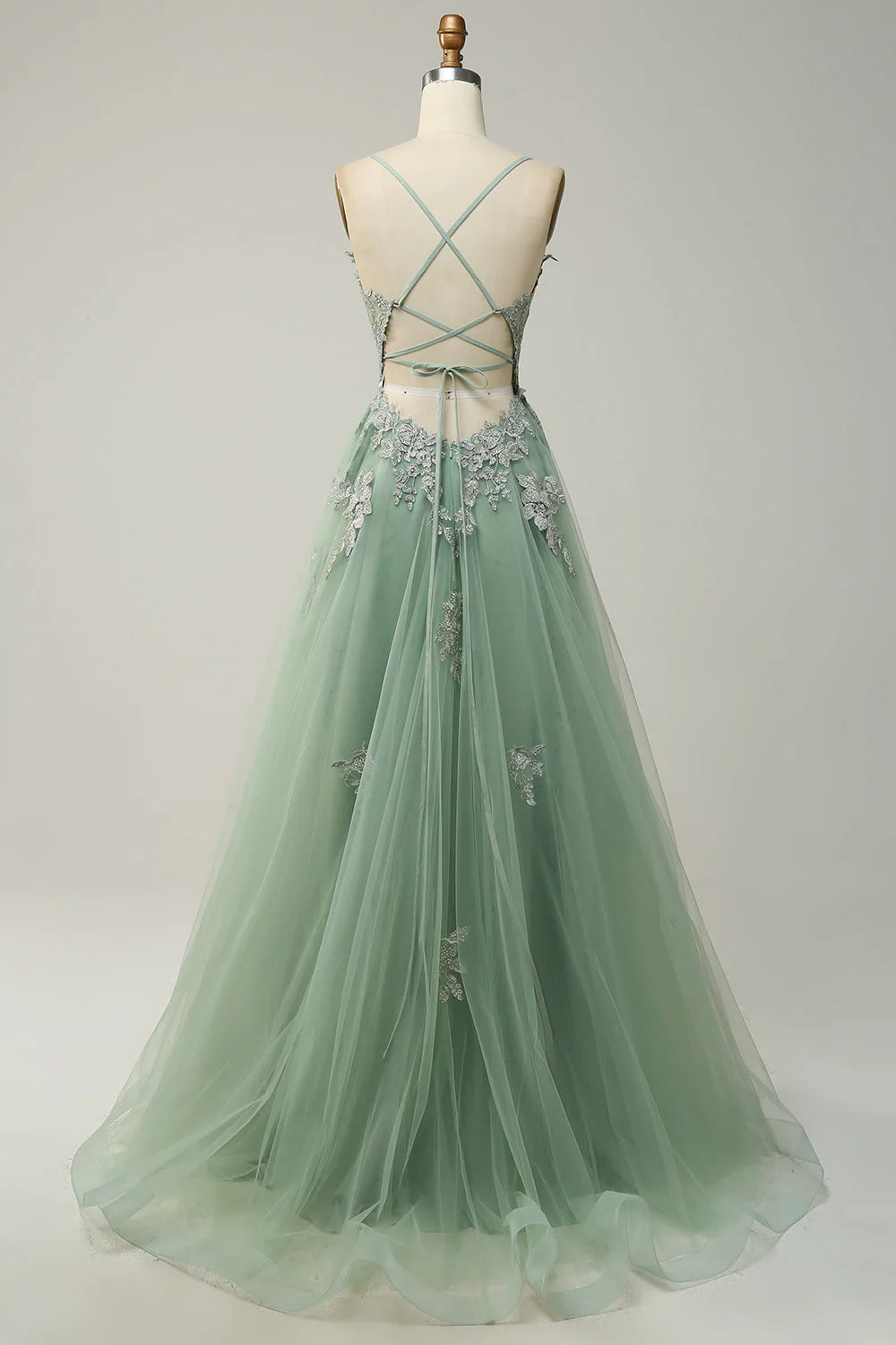 Amzcw Green A Line Spaghetti Straps Long Prom Dress with Criss Cross Back