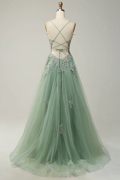 Amzcw Green A Line Spaghetti Straps Long Prom Dress with Criss Cross Back