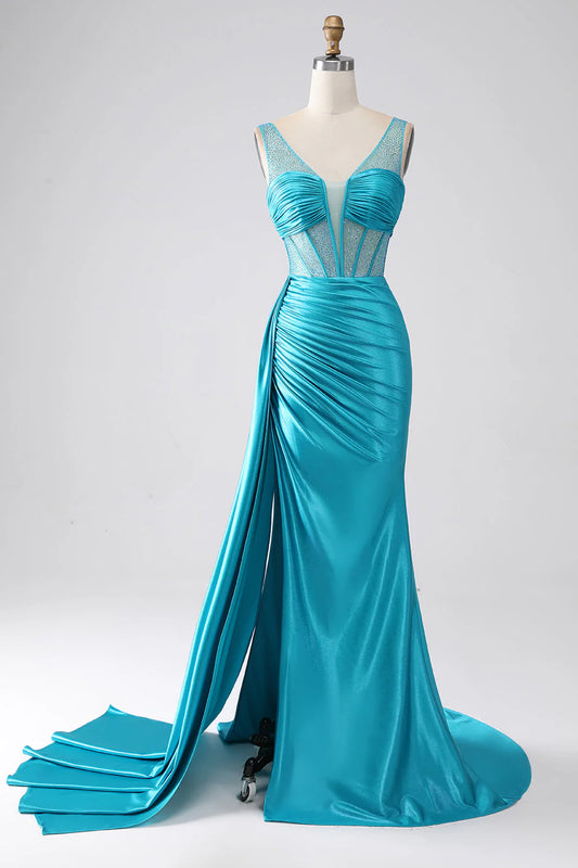 Amzcw Turquoise Mermaid V-Neck Sweep Train Pleated Corset Beaded Long Prom Dress