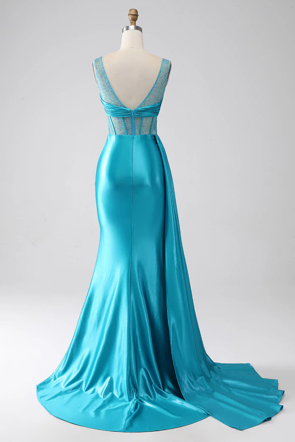 Amzcw Turquoise Mermaid V-Neck Sweep Train Pleated Corset Beaded Long Prom Dress