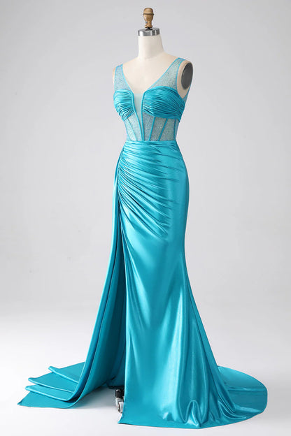 Amzcw Turquoise Mermaid V-Neck Sweep Train Pleated Corset Beaded Long Prom Dress