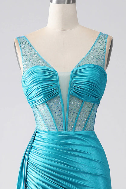 Amzcw Turquoise Mermaid V-Neck Sweep Train Pleated Corset Beaded Long Prom Dress