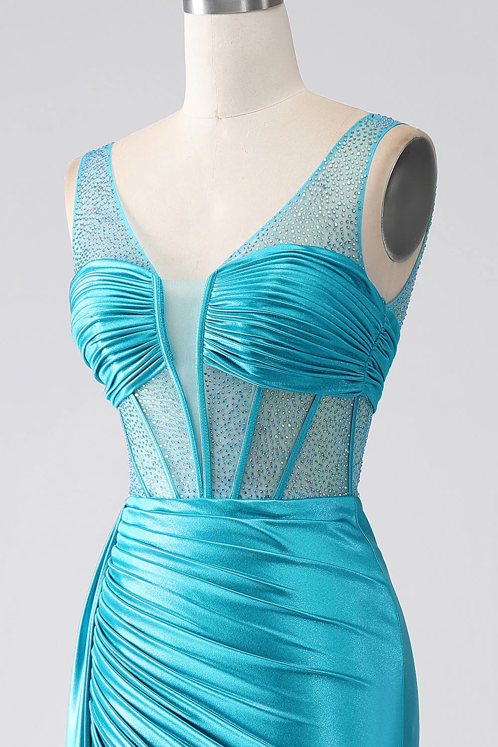 Amzcw Turquoise Mermaid V-Neck Sweep Train Pleated Corset Beaded Long Prom Dress