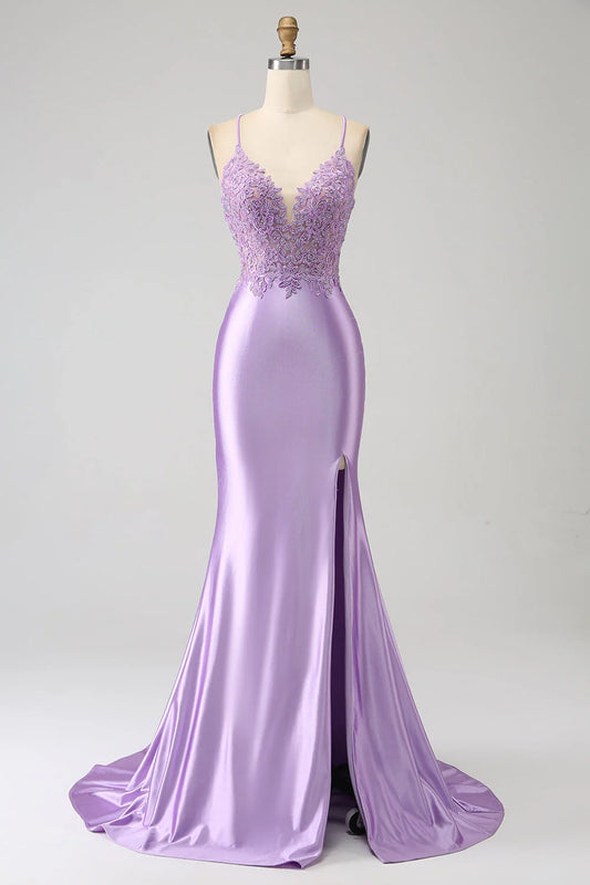 Amzcw Stylish Lilac Mermaid Spaghetti Straps Long Prom Dress with Appliques Slit prom dresses with long sleeves