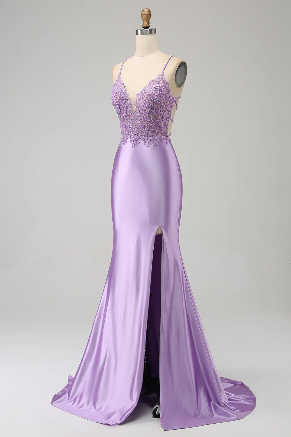 Amzcw Stylish Lilac Mermaid Spaghetti Straps Long Prom Dress with Appliques Slit prom dresses with long sleeves