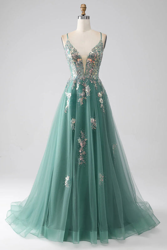 Amzcw Sparkly Green A-Line Spaghetti Straps Long Prom Dress With Sequin Appliques prom dresses with long sleeves