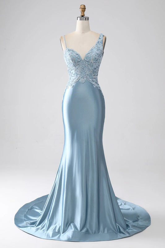 Amzcw Grey Blue Mermaid Spaghetti Straps Long Beaded Prom Dress With Appliques prom dresses with long sleeves