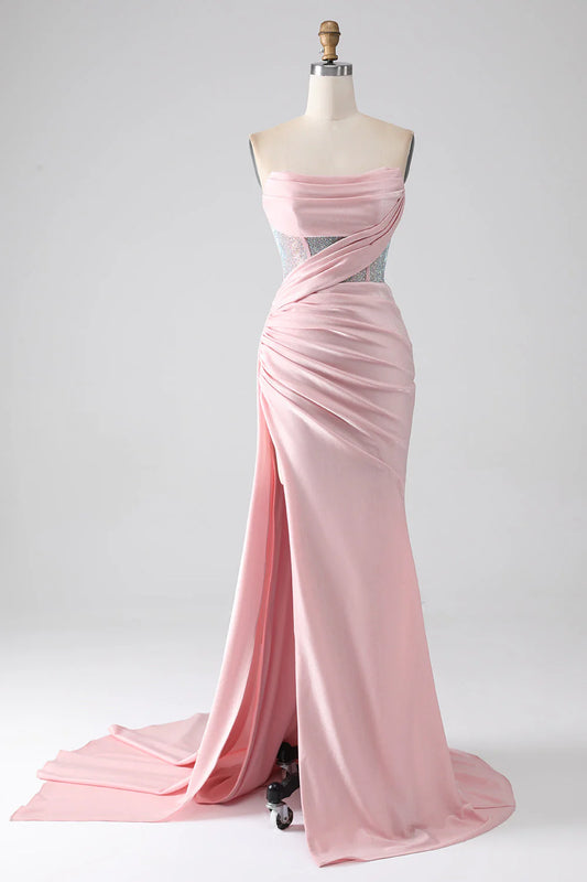 Amzcw Mermaid Strapless Beaded Pleated Long Pink Prom Dress With High Slit prom dresses shops