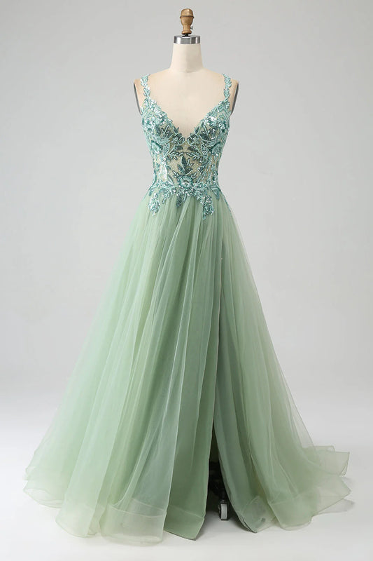 Amzcw Gorgeous Light Green A Line Spaghetti Straps Long Prom Dress with Appliques prom dresses shops