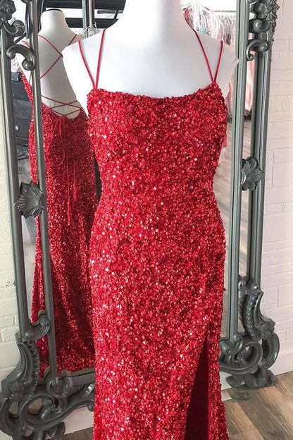 Glitter Sequins Mermaid Long Spaghetti Straps Prom Dresses