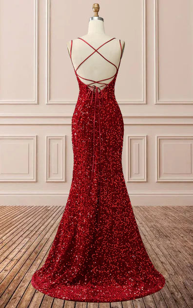 Glitter Sequins Mermaid Long Spaghetti Straps Prom Dresses