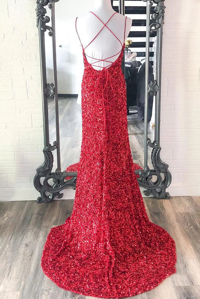 Glitter Sequins Mermaid Long Spaghetti Straps Prom Dresses