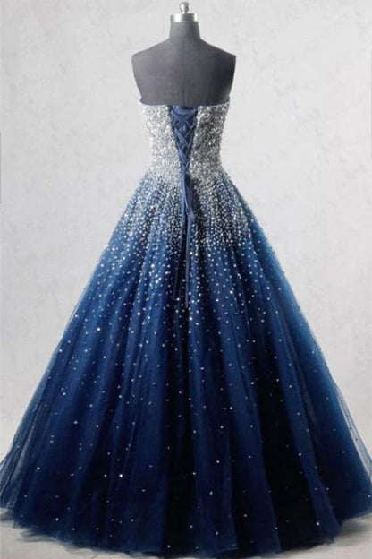 Glittery A Line Blue Tulle Strapless Long Prom Dresses UK Bling Bling Quinceanera Dresses