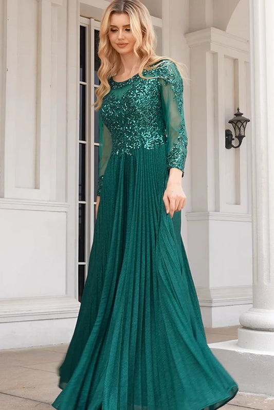 A Line Green Scoop Neck Long Sleeves Floor Length Mother Of The Bride Dresses With Beaded