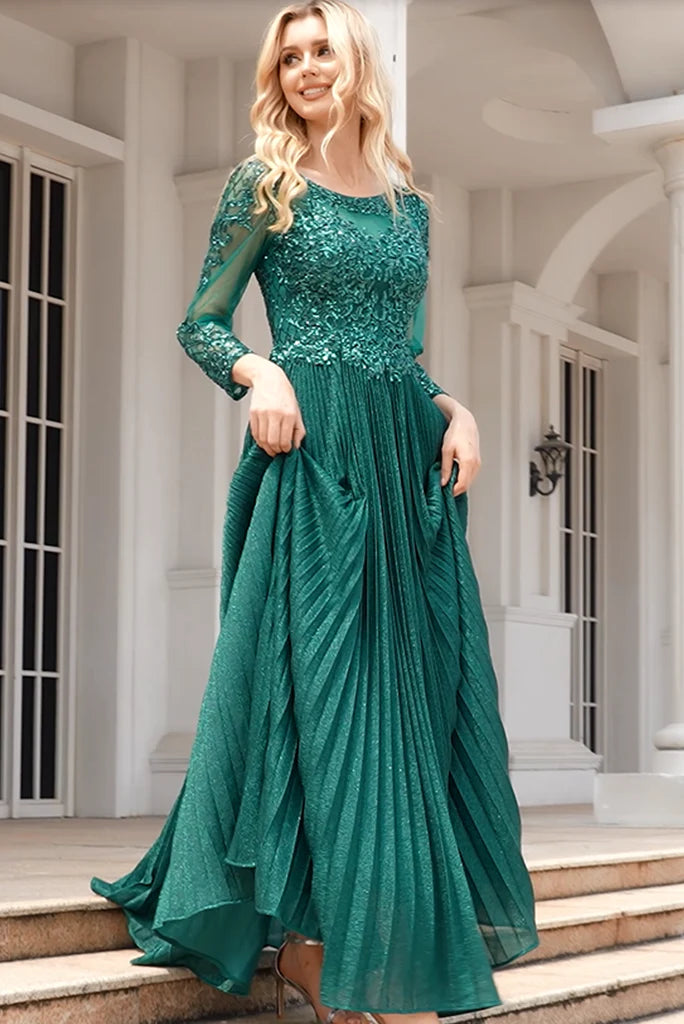 A Line Green Scoop Neck Long Sleeves Floor Length Mother Of The Bride Dresses With Beaded
