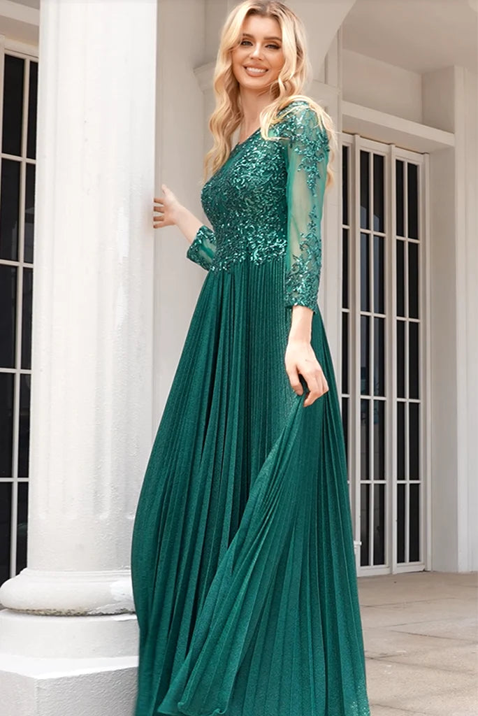 A Line Green Scoop Neck Long Sleeves Floor Length Mother Of The Bride Dresses With Beaded