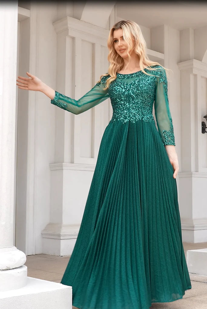 A Line Green Scoop Neck Long Sleeves Floor Length Mother Of The Bride Dresses With Beaded