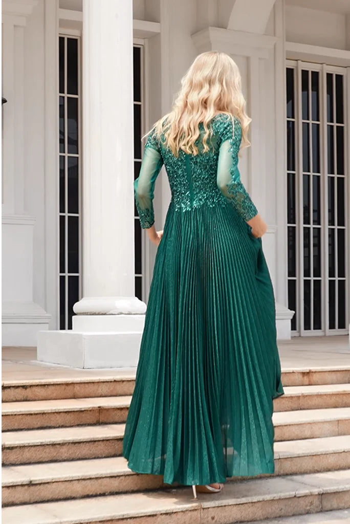 A Line Green Scoop Neck Long Sleeves Floor Length Mother Of The Bride Dresses With Beaded