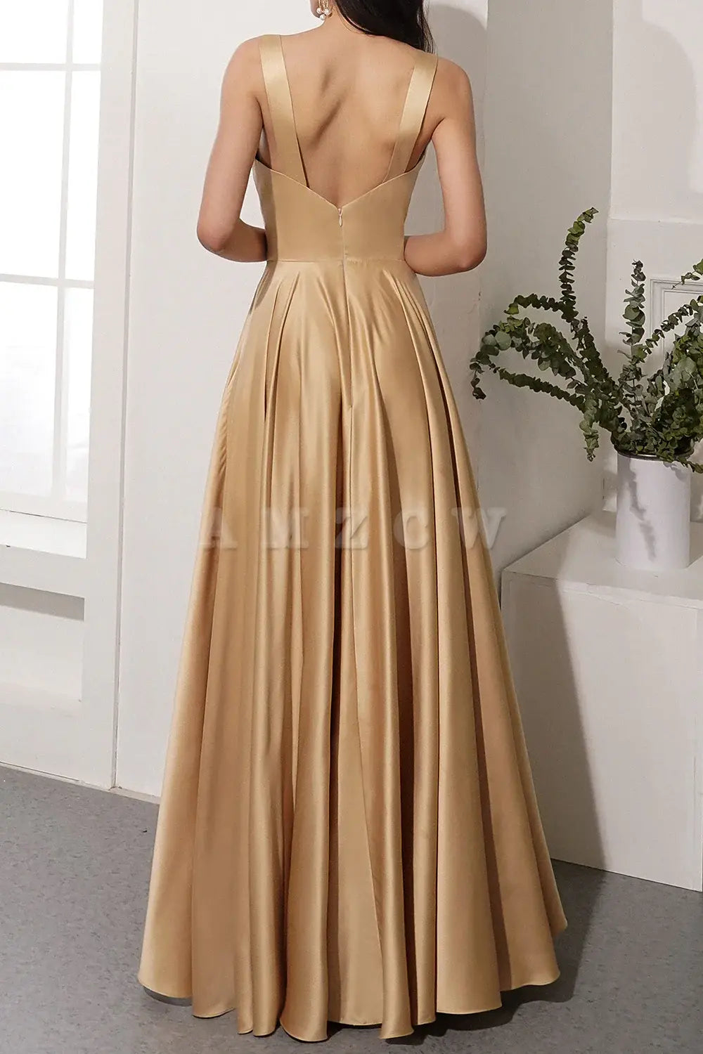 Amzcw Gold Satin Long Prom Party Dress With Slit dressesgowns evening dresses gowns evening dresses